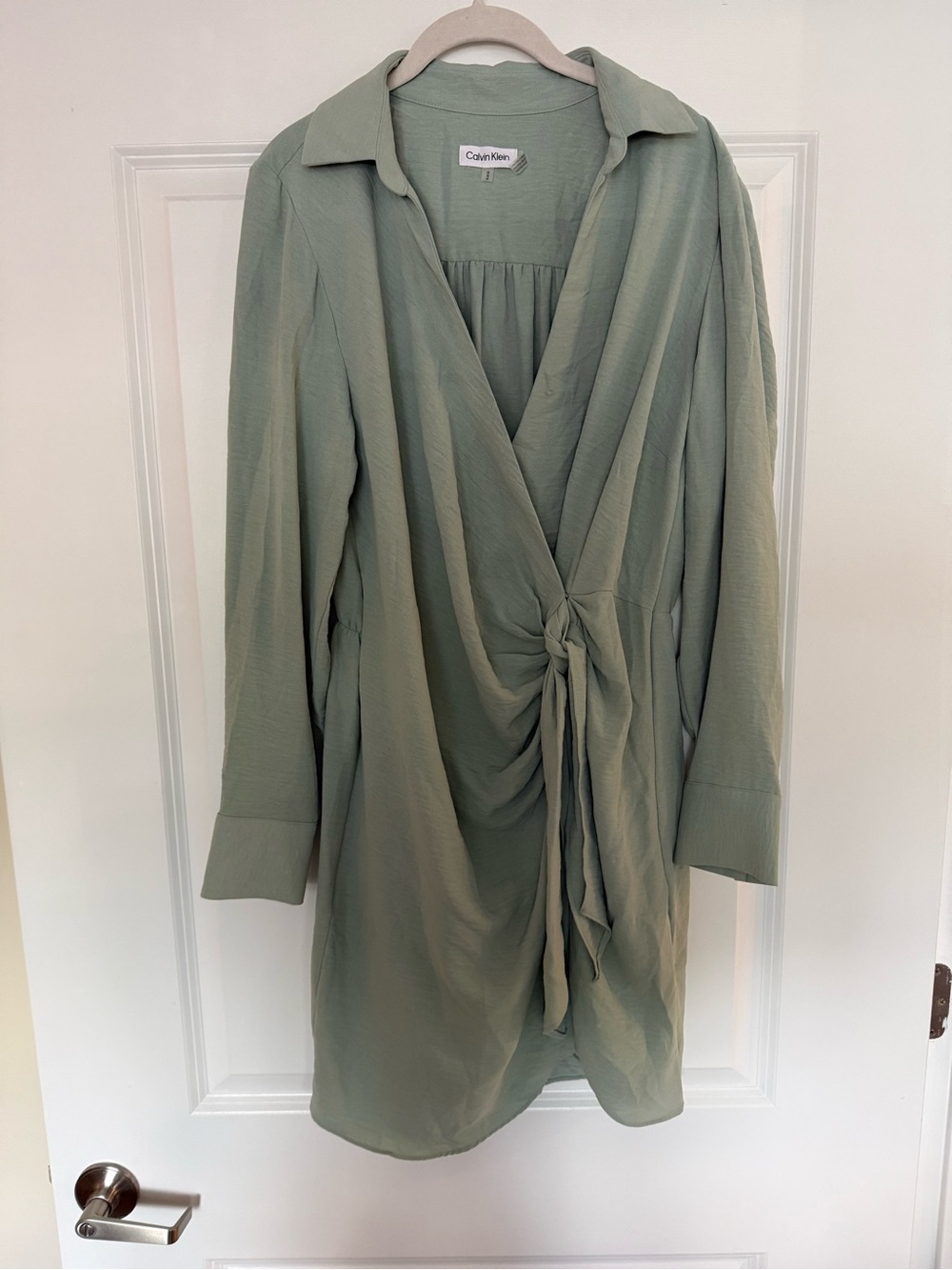 Calvin Klein Light Sage Green Long Sleeve Tie-Front Dress